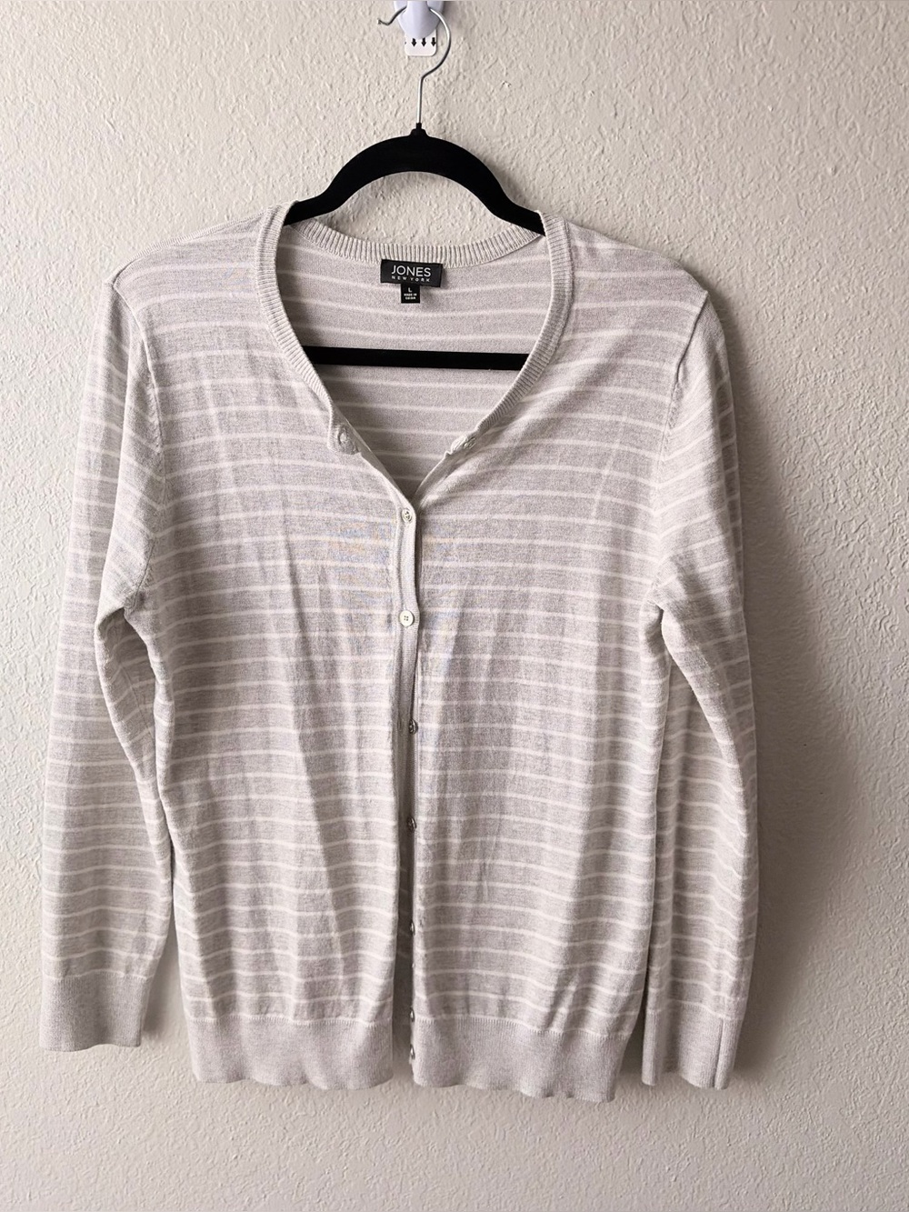 Jones New York Women's gray Striped Button-Front Cardigan size L business casual